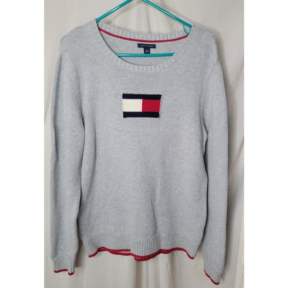 Tommy Hilfiger Womens XL Gray Knit Sweater Crewneck Logo Preppy Flag Logo